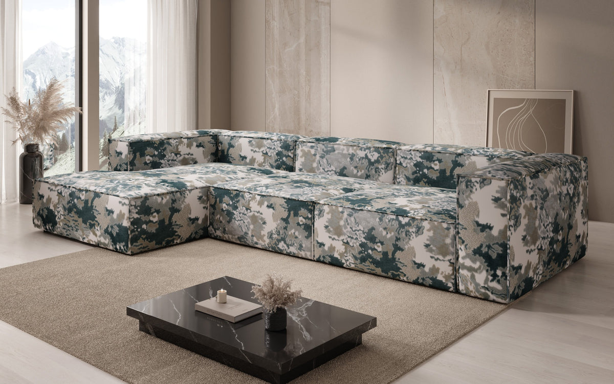 Designer corner sofa Lesley - jacquard with watercolor pattern