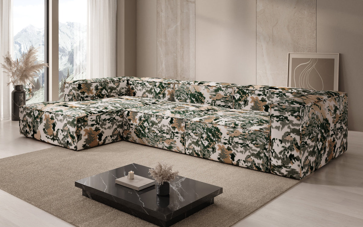 Designer corner sofa Lesley - jacquard with watercolor pattern