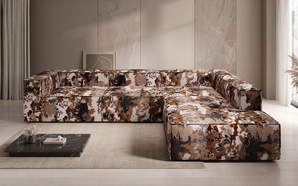 Designer corner sofa Lesley with long ottoman - jacquard with watercolor pattern