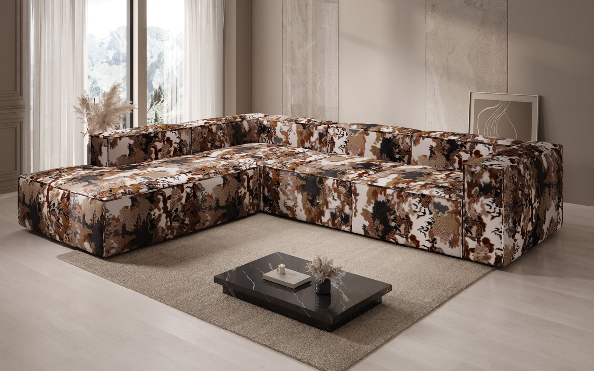 Designer corner sofa Lesley with long ottoman - jacquard with watercolor pattern