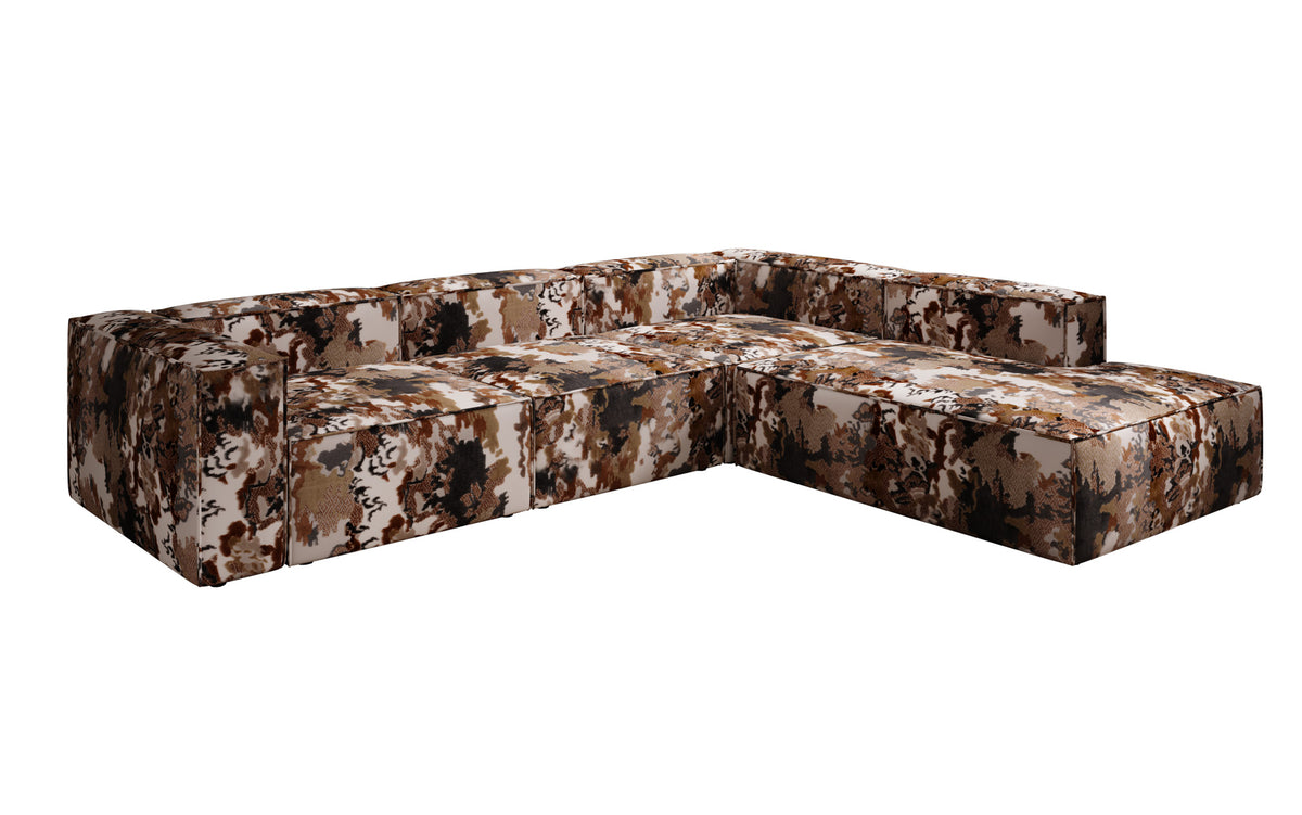 Designer corner sofa Lesley with long ottoman - jacquard with watercolor pattern