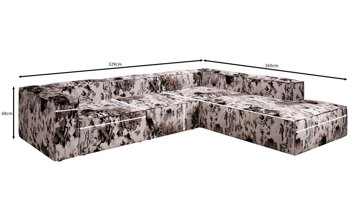Designer corner sofa Lesley with long ottoman - jacquard with watercolor pattern