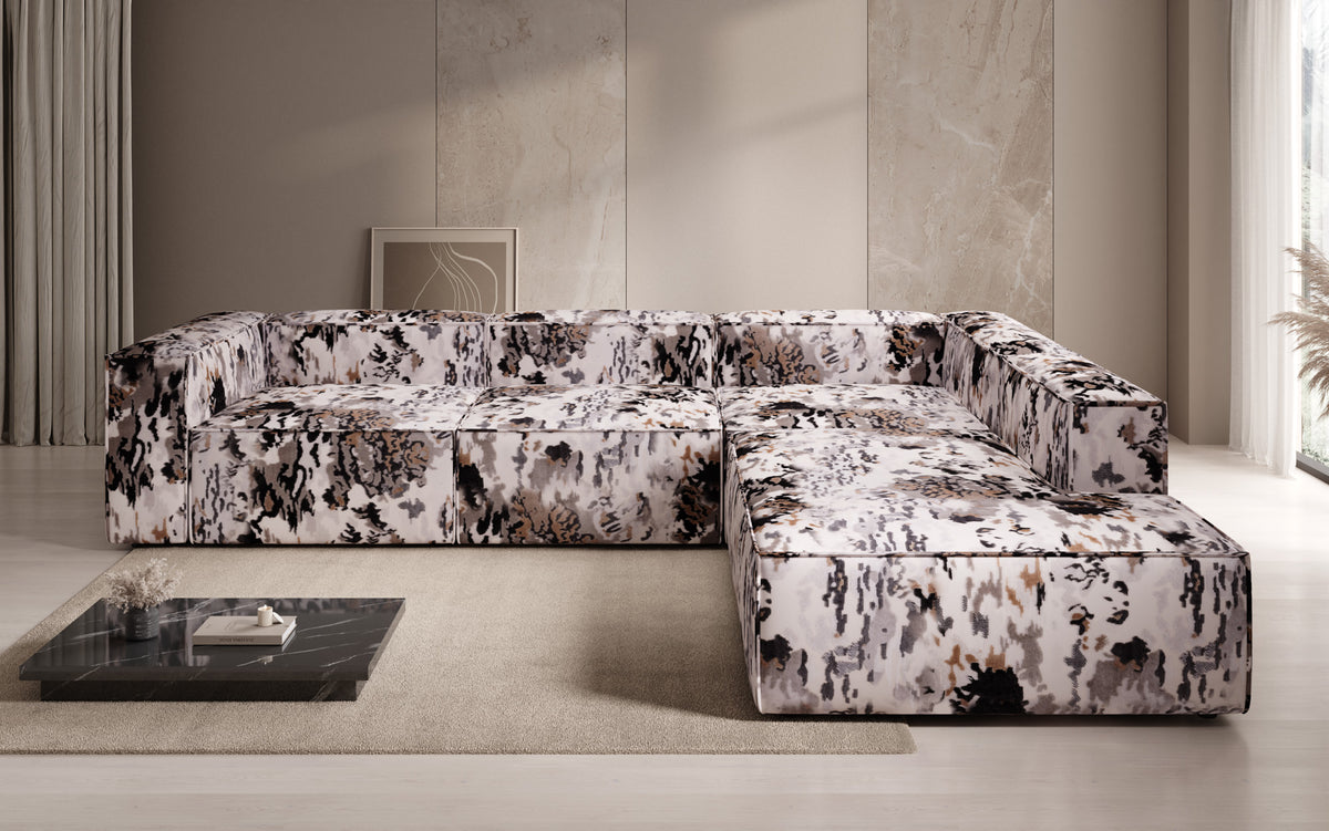 Designer corner sofa Lesley with long ottoman - jacquard with watercolor pattern