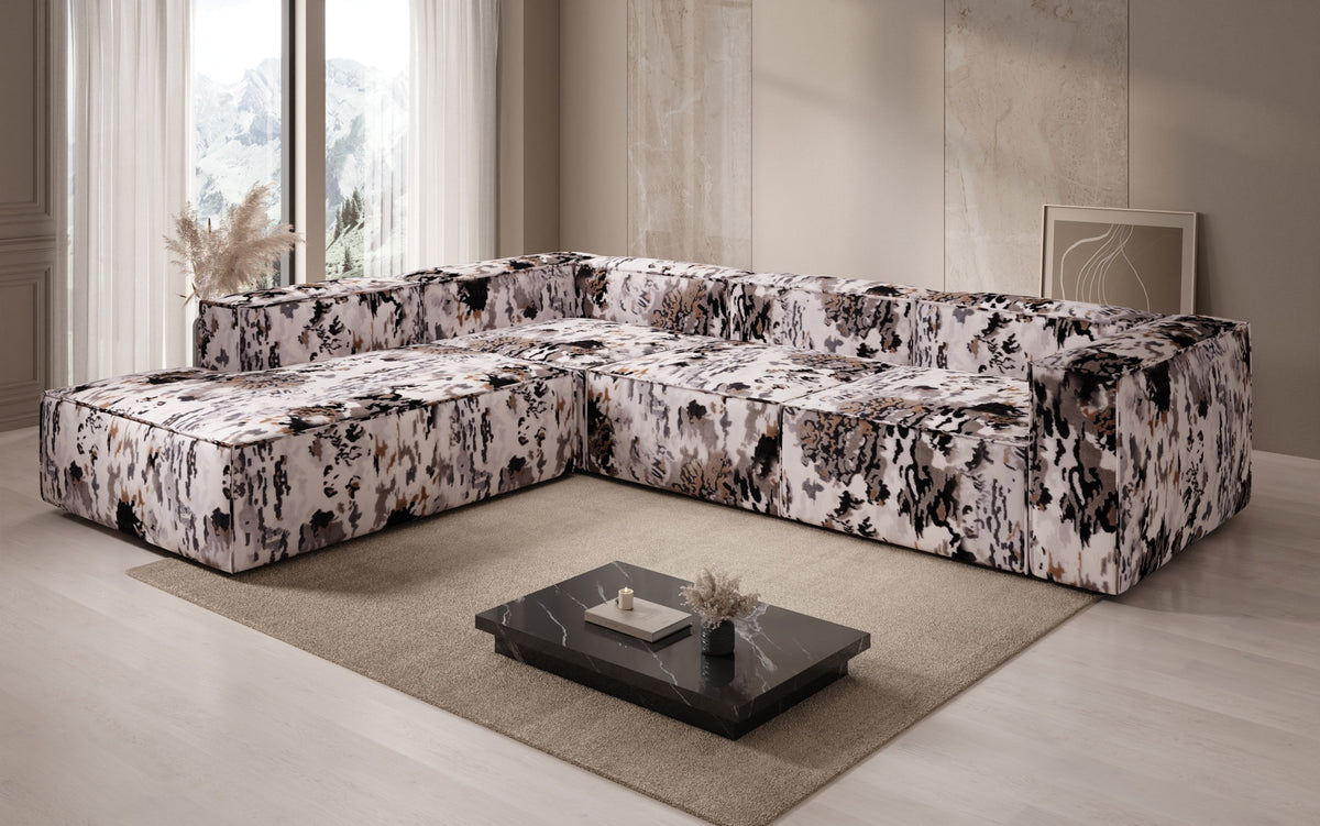 Designer corner sofa Lesley with long ottoman - jacquard with watercolor pattern