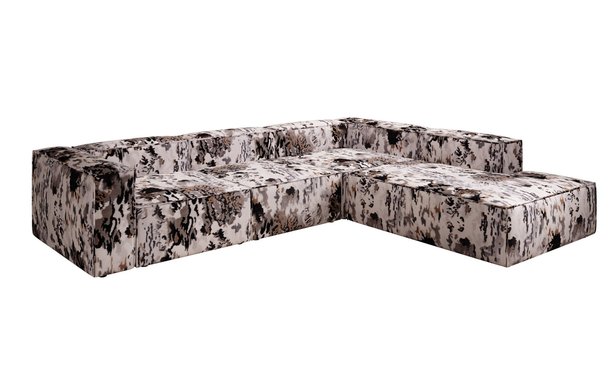 Designer corner sofa Lesley with long ottoman - jacquard with watercolor pattern
