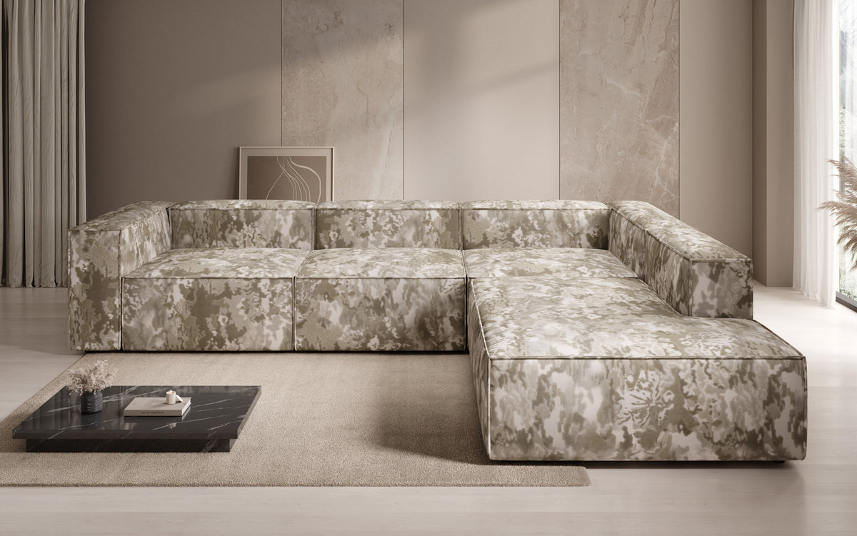 Designer corner sofa Lesley with long ottoman - jacquard with watercolor pattern