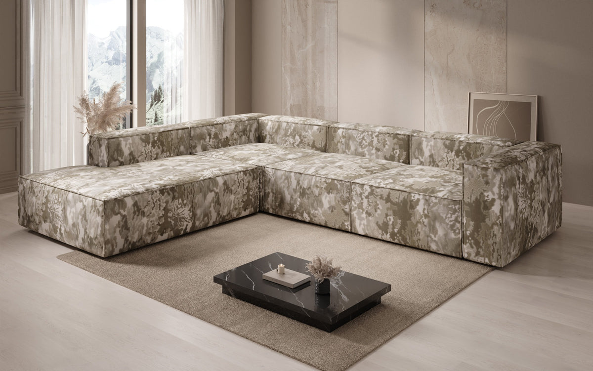 Designer corner sofa Lesley with long ottoman - jacquard with watercolor pattern