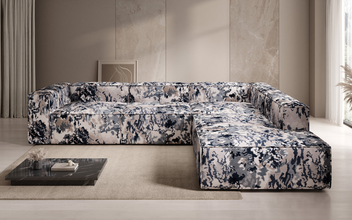 Designer corner sofa Lesley with long ottoman - jacquard with watercolor pattern