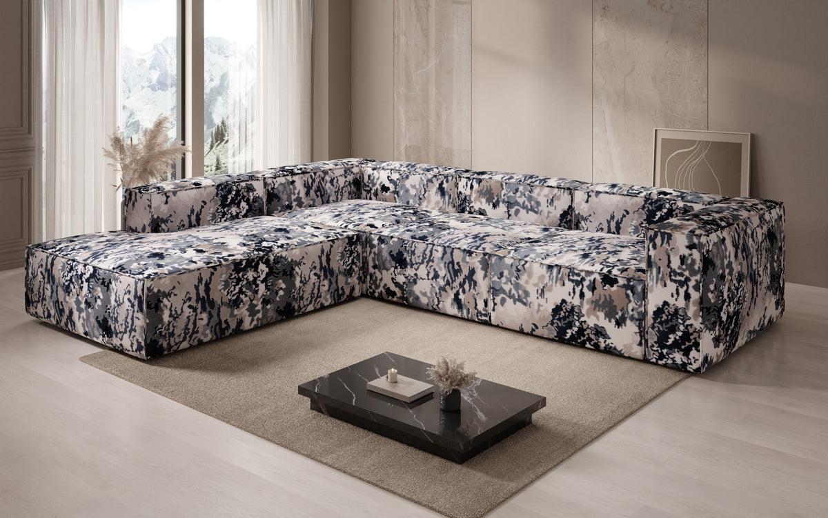 Designer corner sofa Lesley with long ottoman - jacquard with watercolor pattern
