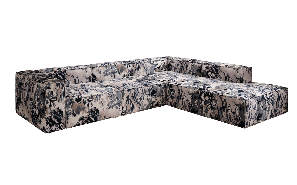 Designer corner sofa Lesley with long ottoman - jacquard with watercolor pattern