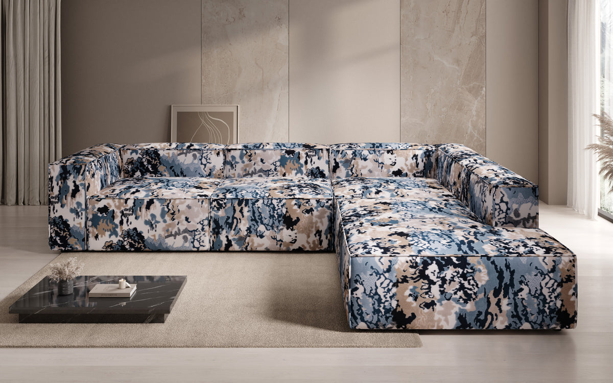 Designer corner sofa Lesley with long ottoman - jacquard with watercolor pattern