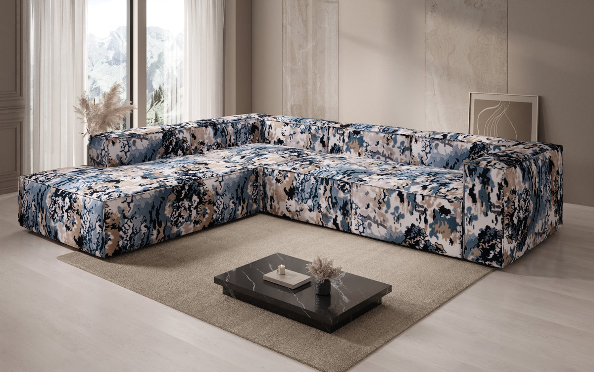 Designer corner sofa Lesley with long ottoman - jacquard with watercolor pattern