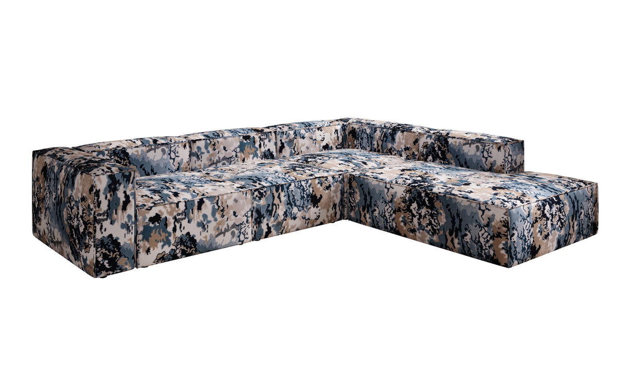 Designer corner sofa Lesley with long ottoman - jacquard with watercolor pattern