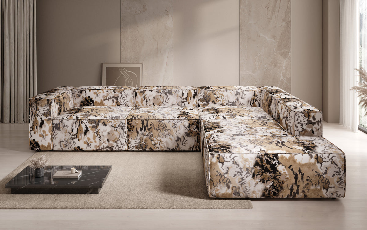 Designer corner sofa Lesley with long ottoman - jacquard with watercolor pattern