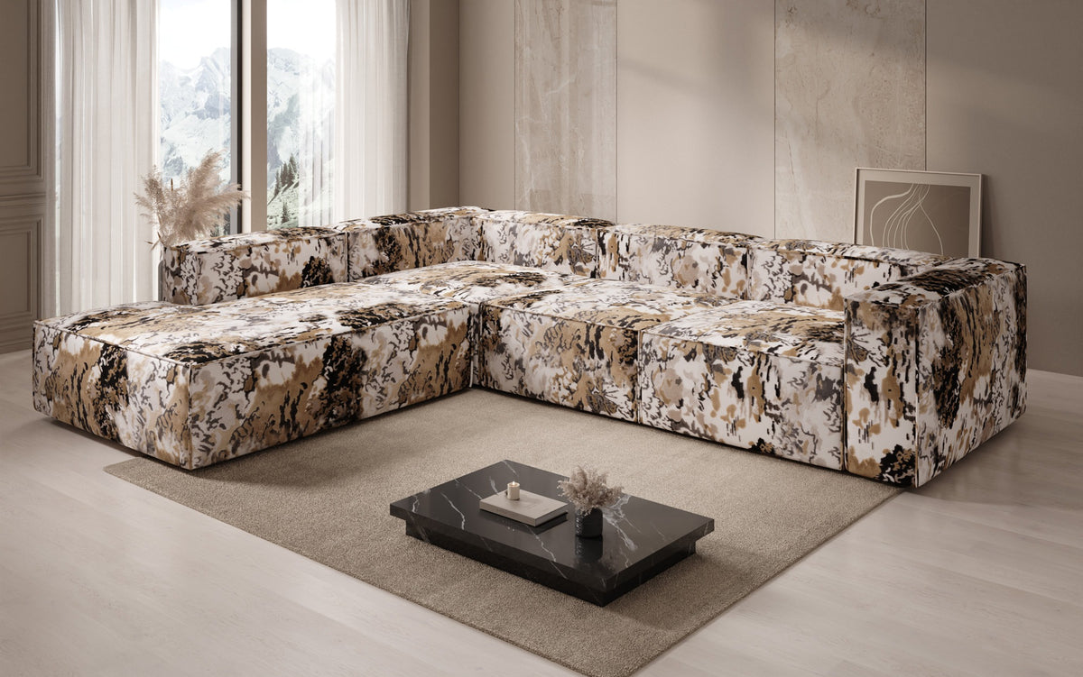 Designer corner sofa Lesley with long ottoman - jacquard with watercolor pattern