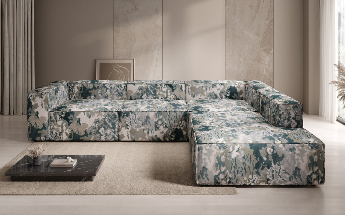 Designer corner sofa Lesley with long ottoman - jacquard with watercolor pattern