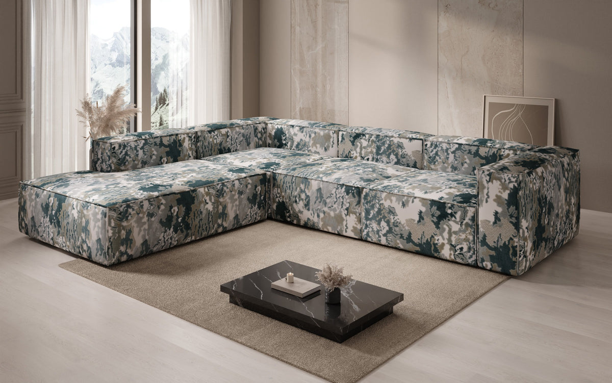 Designer corner sofa Lesley with long ottoman - jacquard with watercolor pattern