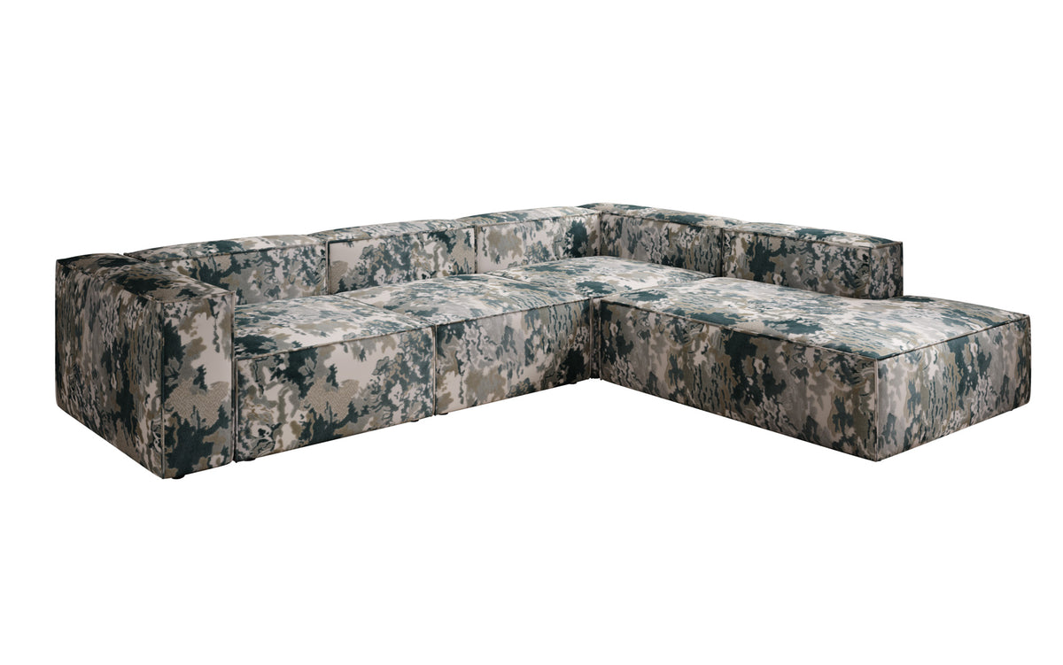 Designer corner sofa Lesley with long ottoman - jacquard with watercolor pattern