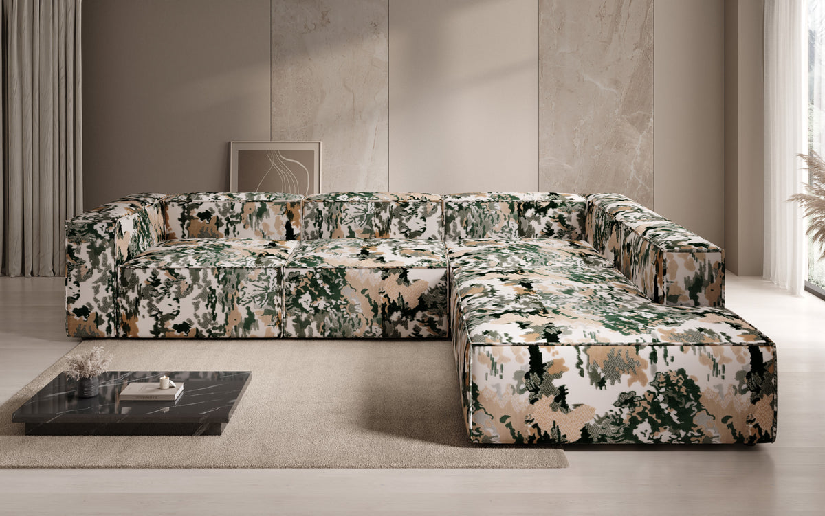 Designer corner sofa Lesley with long ottoman - jacquard with watercolor pattern