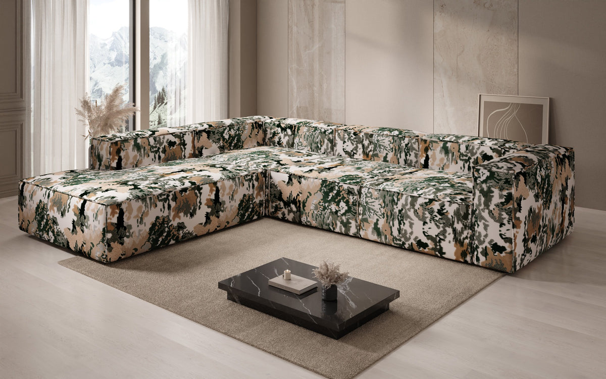 Designer corner sofa Lesley with long ottoman - jacquard with watercolor pattern