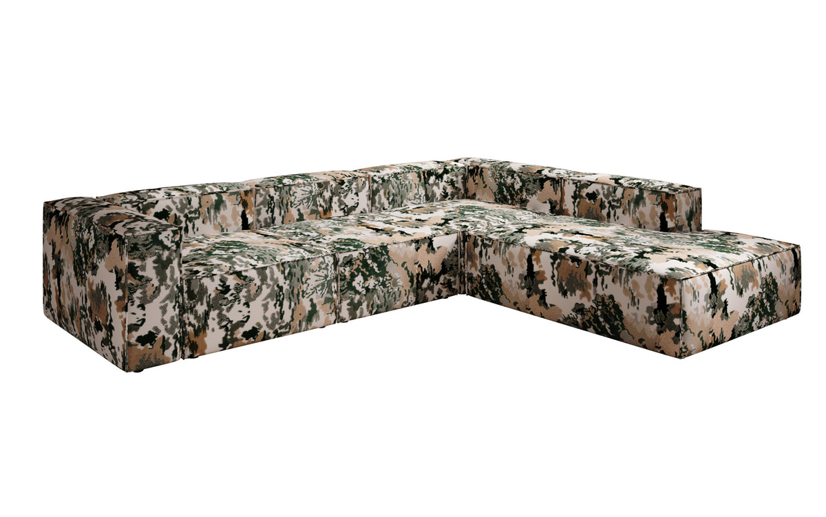 Designer corner sofa Lesley with long ottoman - jacquard with watercolor pattern