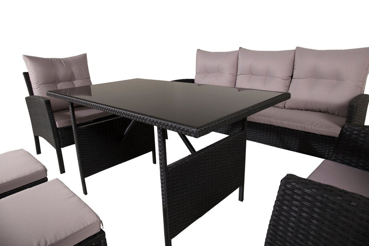 Loungeset Ruby - aus schwarzem Rattan mit grauen Kissen