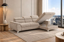 Ecksofa Luno in Strukturstoff Beige – geöffneter Stauraum
