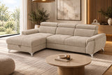 Ecksofa Luno in Strukturstoff Beige, Ottomane links – Wohnansicht