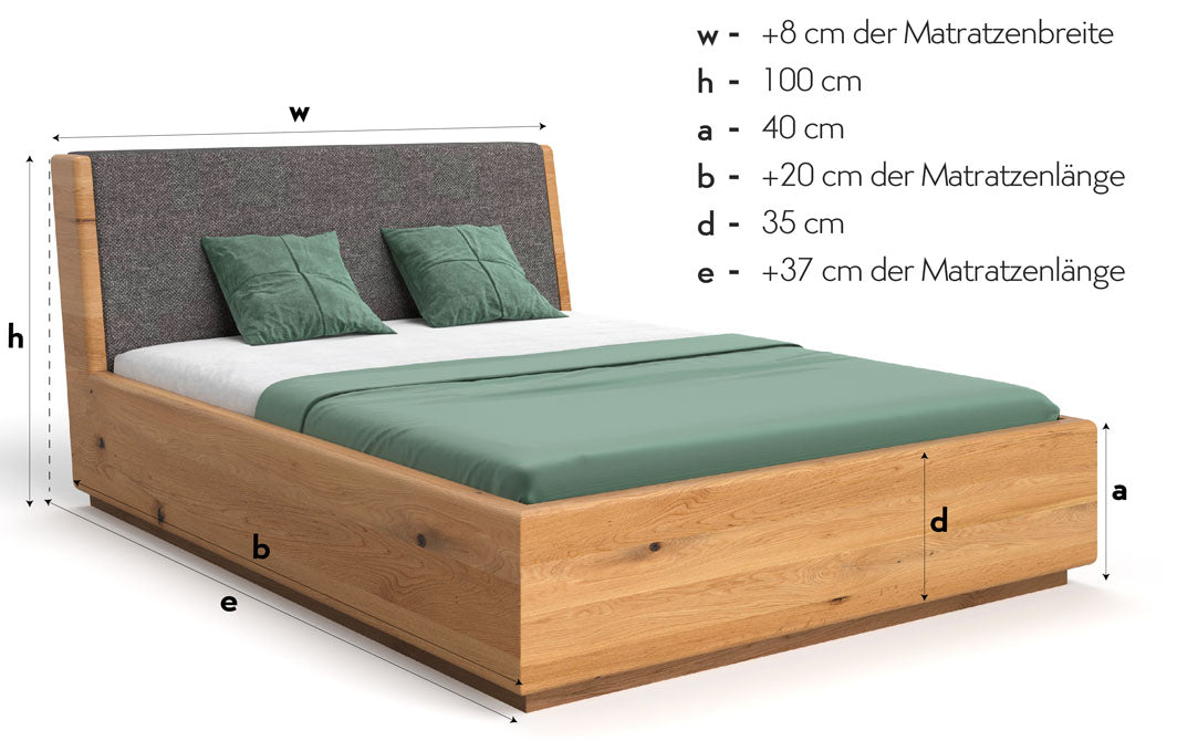 Designer wooden bed Cassian made of solid oak with storage space