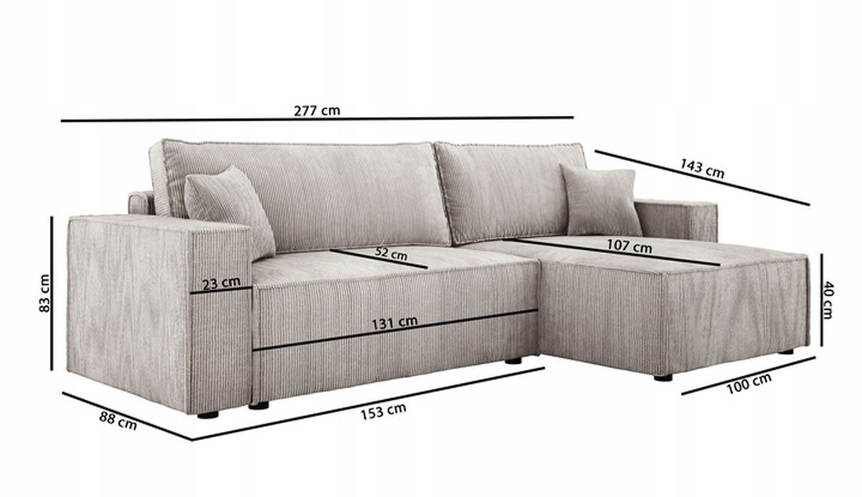 Designer Velanova sofa with sleeper function and storage space, made of corduroy