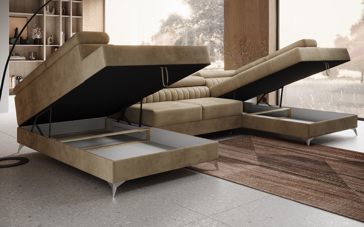 Designer Sofa Aurea U with Sleeping and Folding Function in Velvet