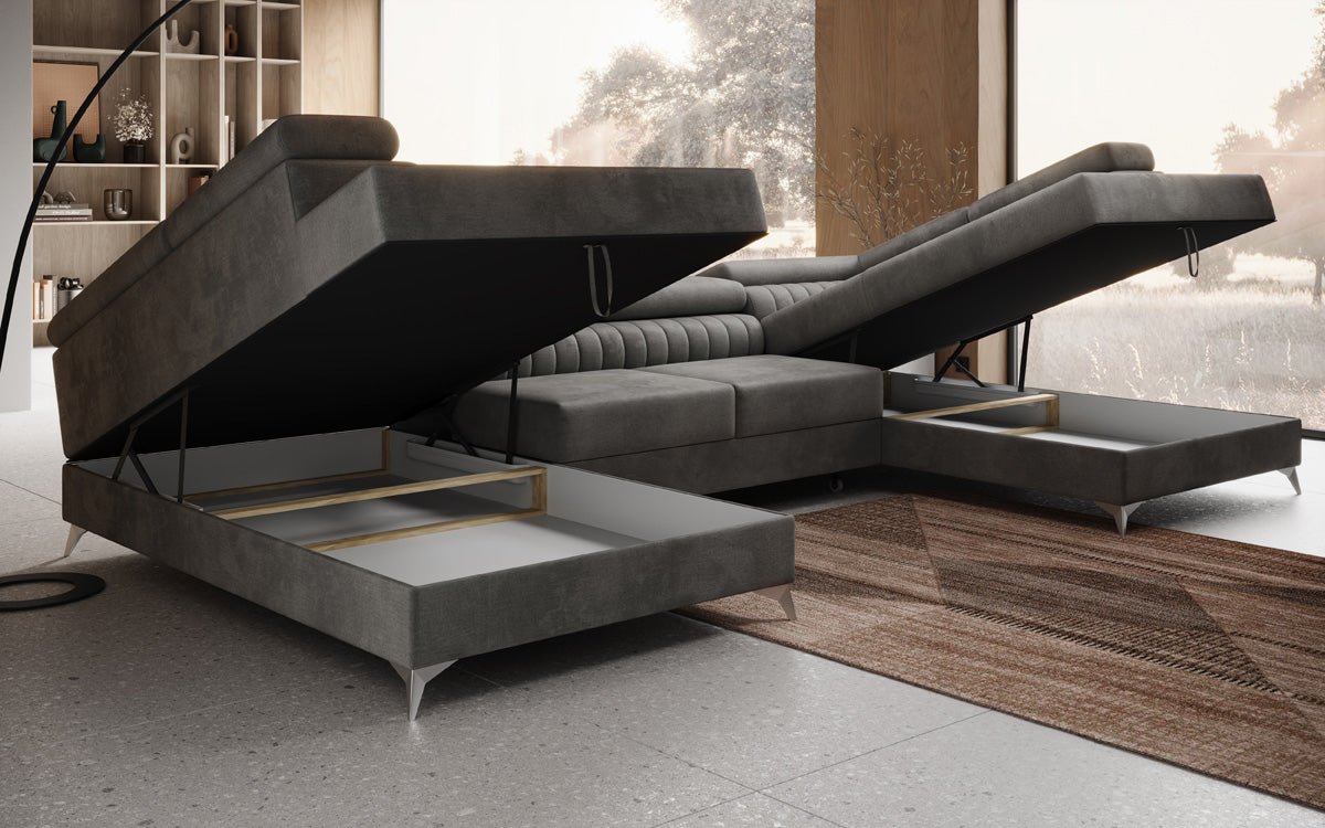Designer Sofa Aurea U with Sleeping and Folding Function in Velvet