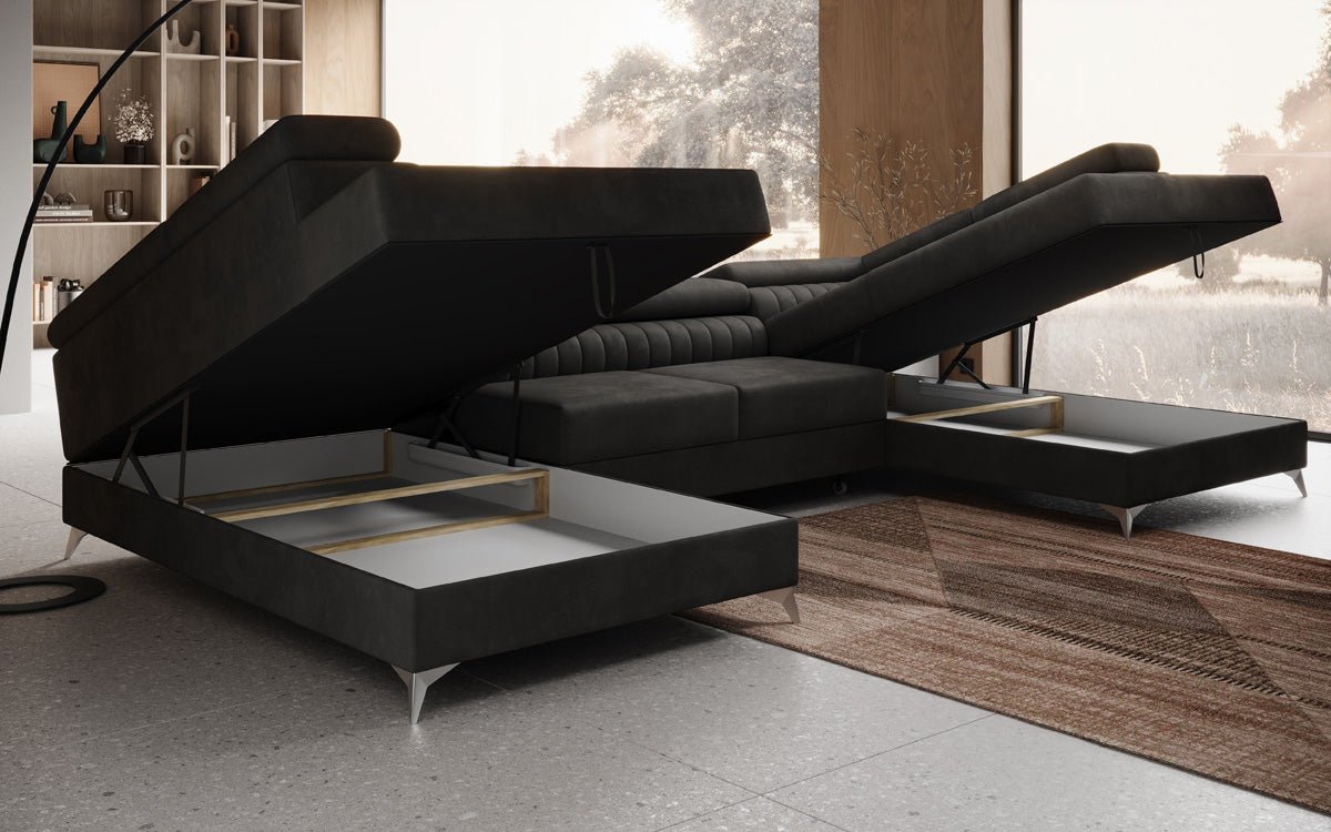 Designer Sofa Aurea U with Sleeping and Folding Function in Velvet