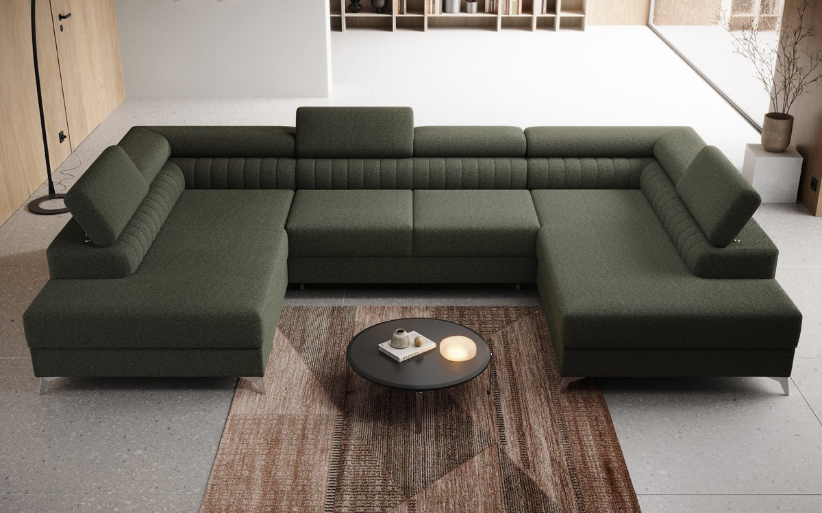 Designer Sofa Aurea U mit Schlaf- und Klappfunktion in Bouclé