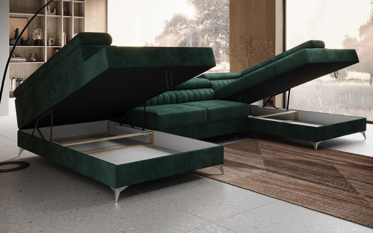Designer Sofa Aurea U with Sleeping and Folding Function in Velvet