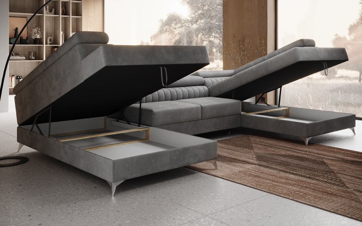 Designer Sofa Aurea U with Sleeping and Folding Function in Velvet