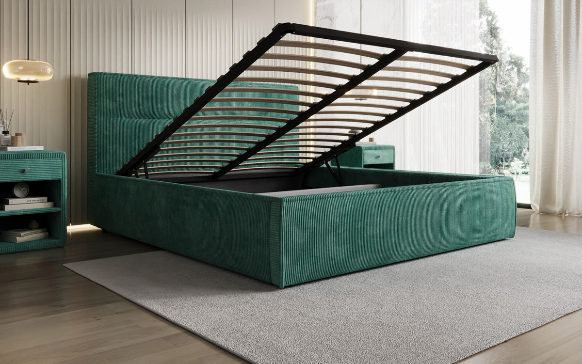 Designer upholstered bed Merry in Corduroy with storage