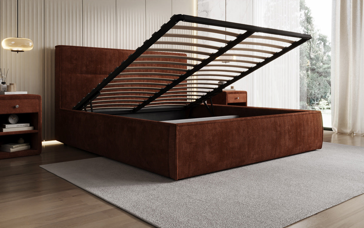 Designer upholstered bed Merry in Corduroy with storage