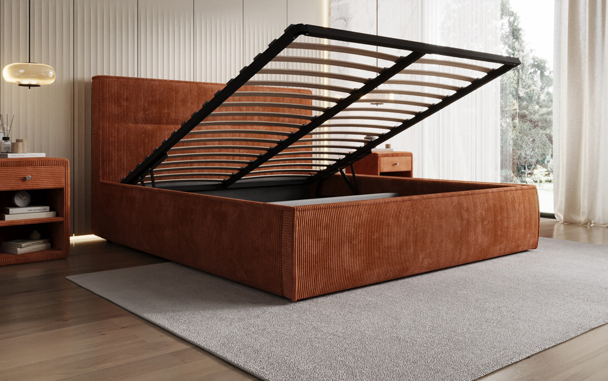 Designer upholstered bed Merry in Corduroy with storage