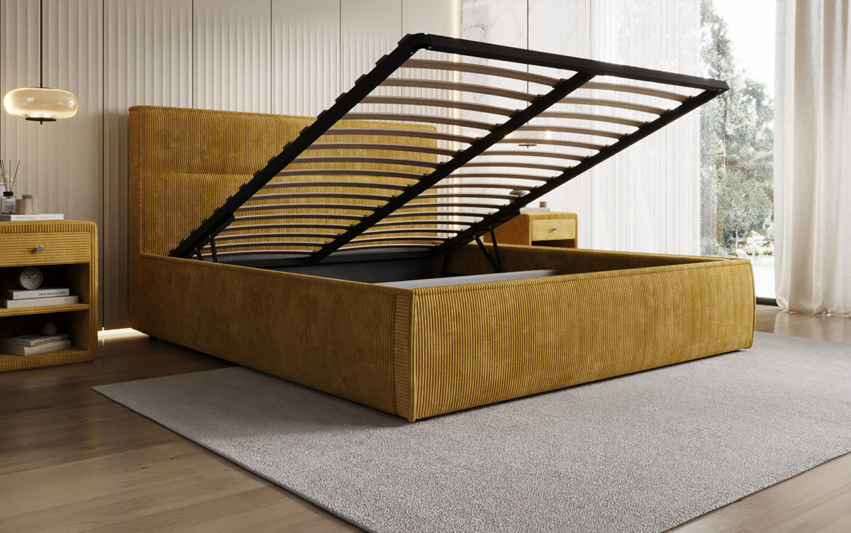 Designer upholstered bed Merry in Corduroy with storage