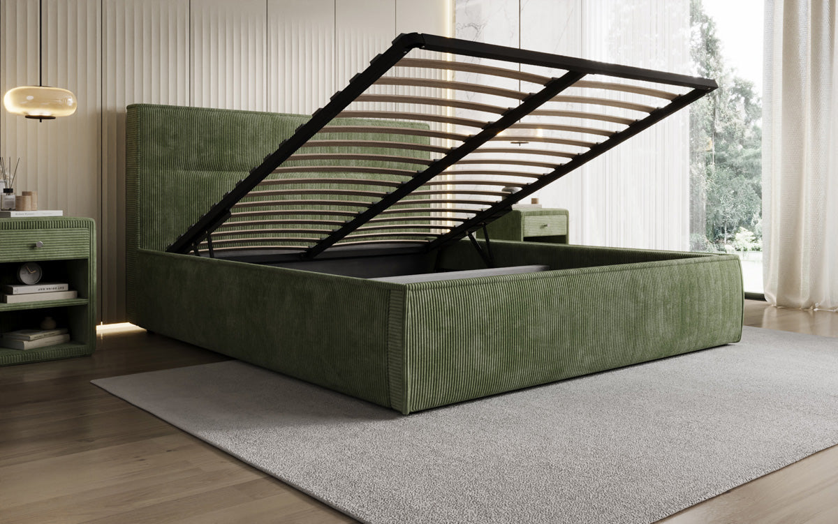 Designer upholstered bed Merry in Corduroy with storage
