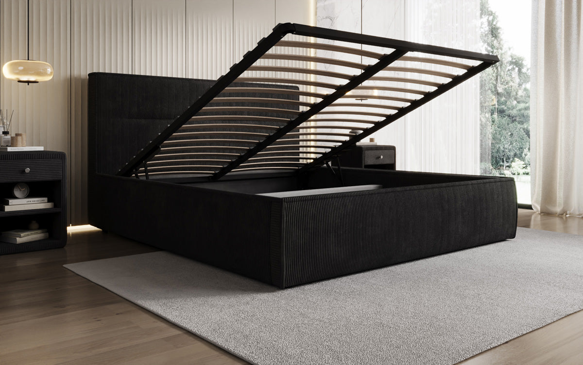 Designer upholstered bed Merry in Corduroy with storage