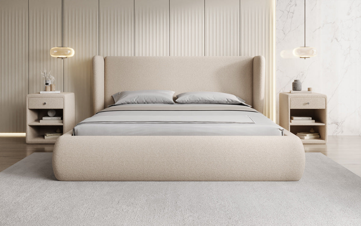 Designer upholstered bed Rosalie in teddy bouclé with storage