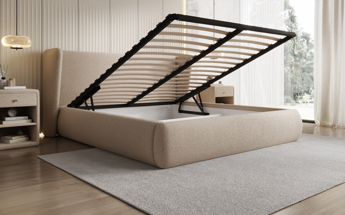 Designer upholstered bed Rosalie in teddy bouclé with storage
