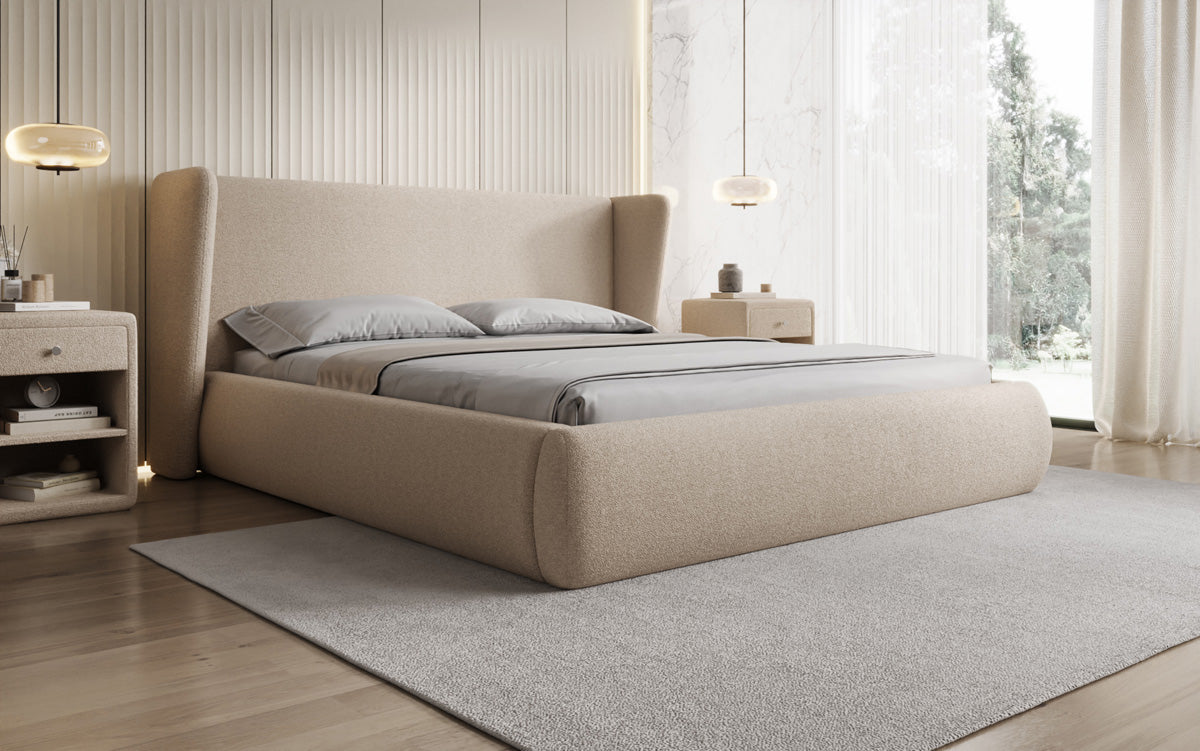 Designer upholstered bed Rosalie in teddy bouclé with storage