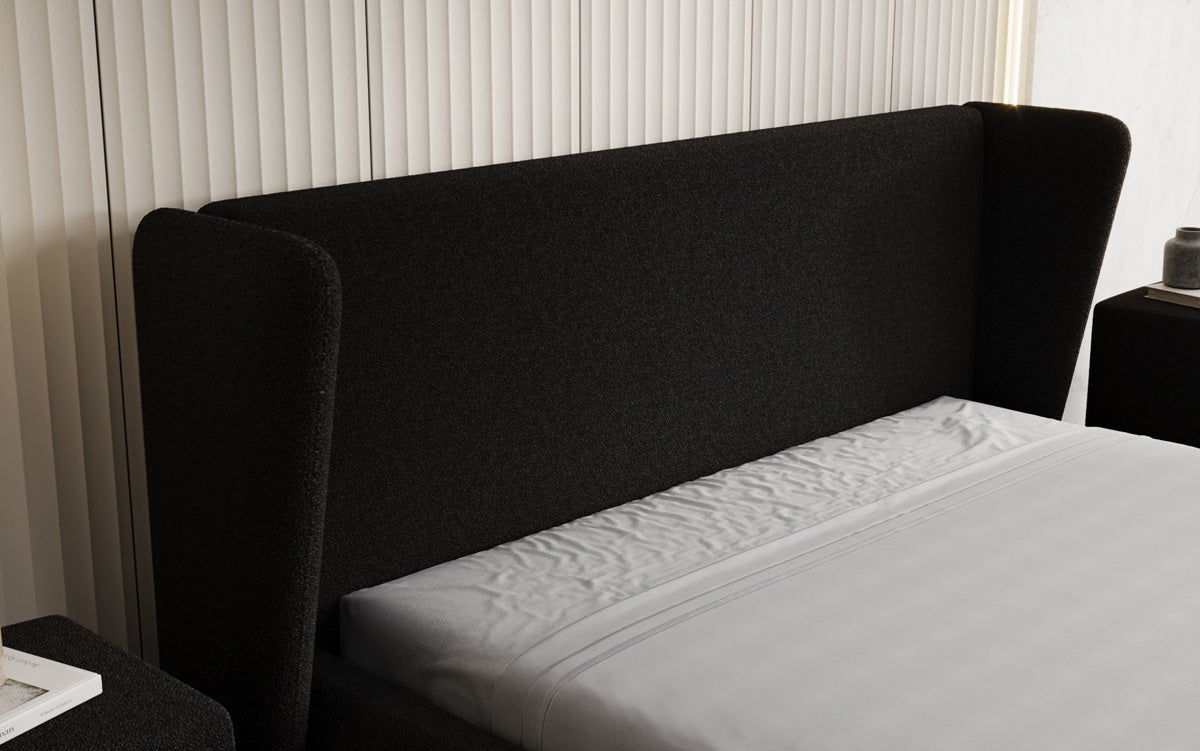 Designer upholstered bed Rosalie in teddy bouclé with storage