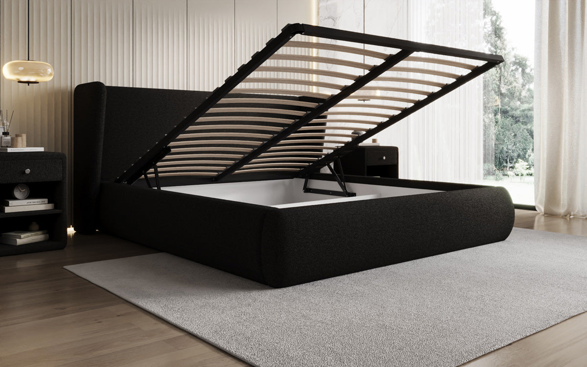 Designer upholstered bed Rosalie in teddy bouclé with storage
