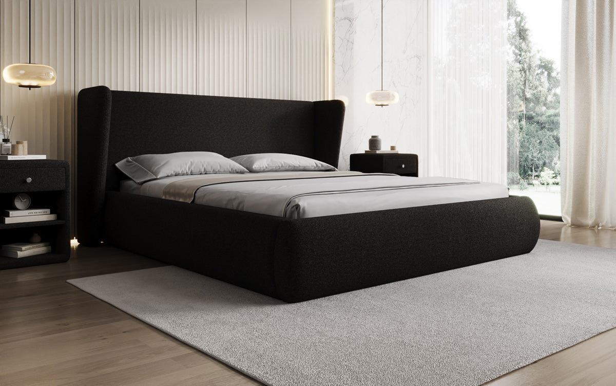 Designer upholstered bed Rosalie in teddy bouclé with storage