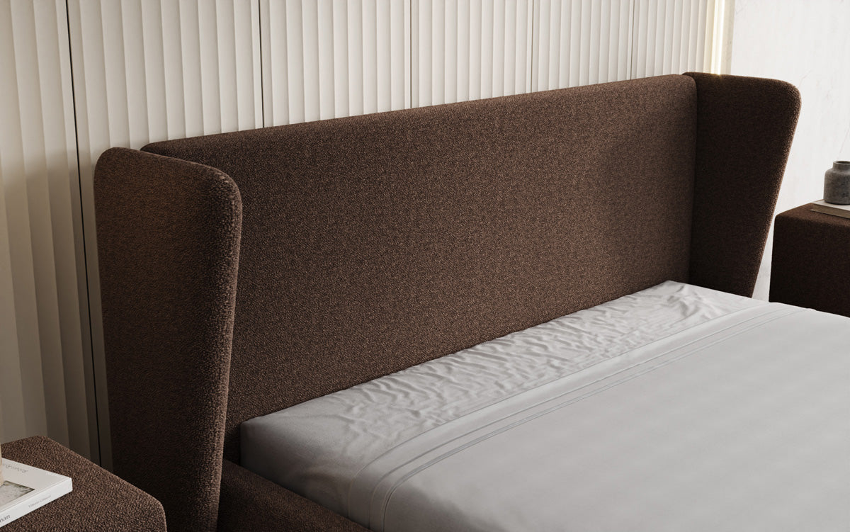 Designer upholstered bed Rosalie in teddy bouclé with storage
