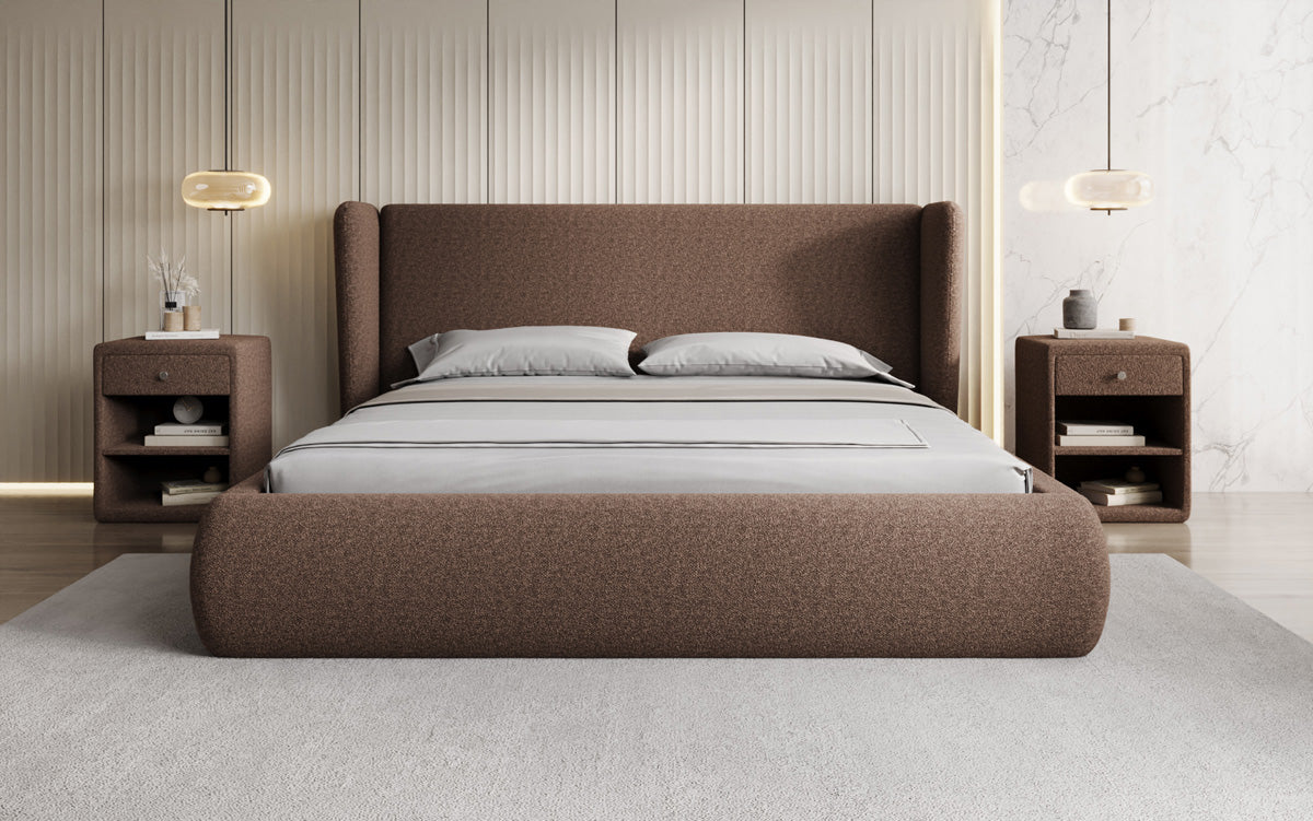 Designer upholstered bed Rosalie in teddy bouclé with storage